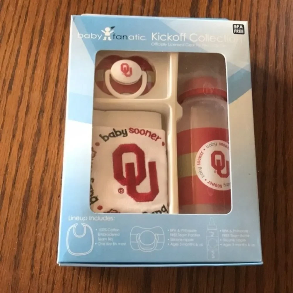 Oklahoma Sooners NCAA Baby Gift Set Bib Bottle Pacifier Infant Fan Gear